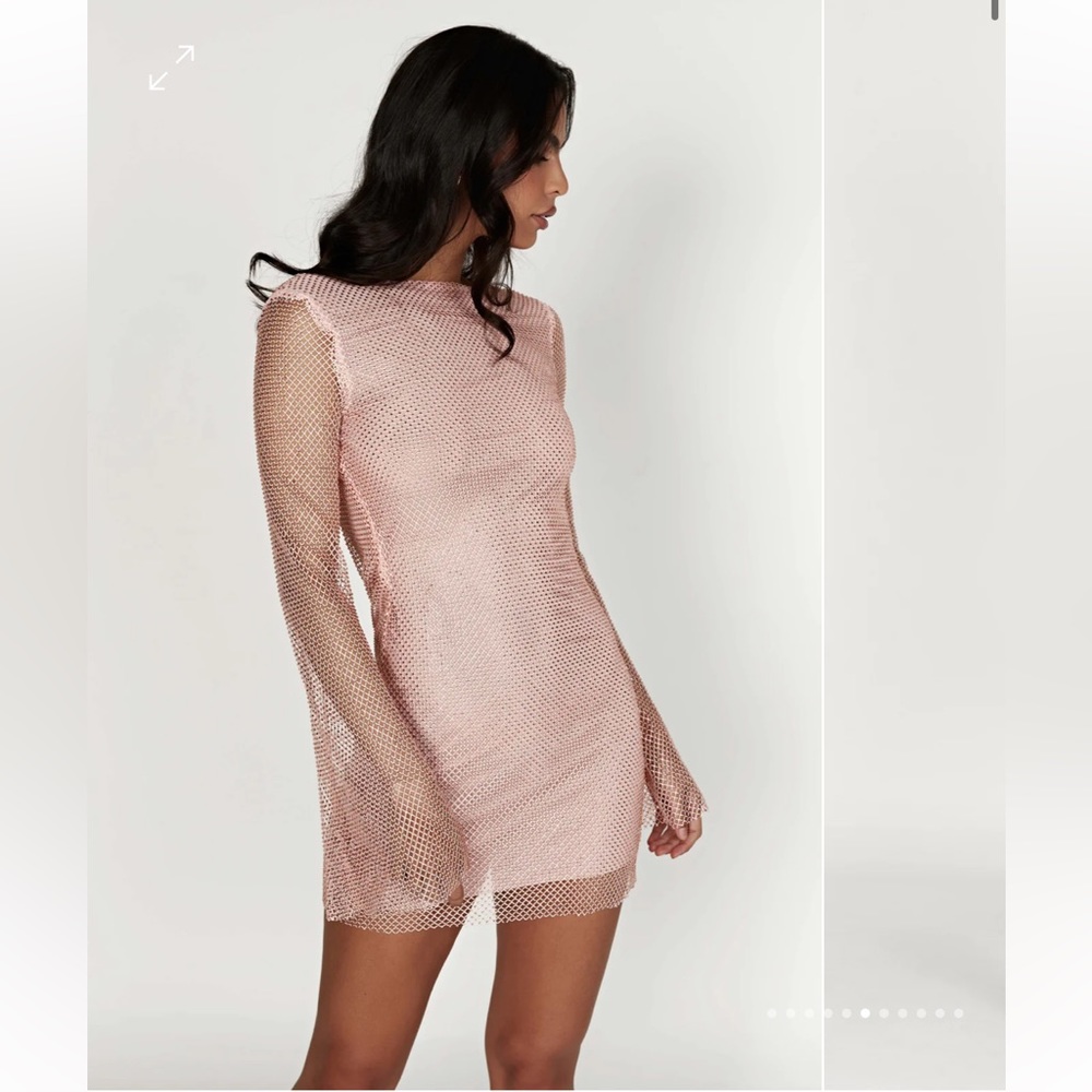 Samira Flare Sleeve Diamante Mesh Mini Dress - Baby Pink